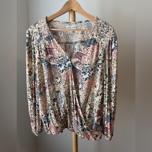 Knox Rose Boho Floral Faux Wrap Shirt Size XL V Neck Puff Sleeve Peasant Top